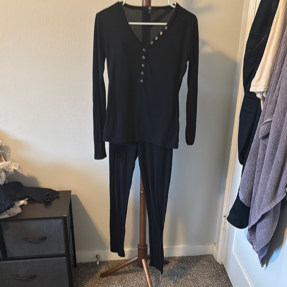 Black Button-Detail Long Sleeve Top and Pants Set